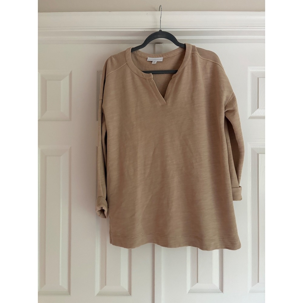 Pure Jill Sweatshirt M Petite Tan Organic Cotton V-Neck Minimalist Quiet Luxury